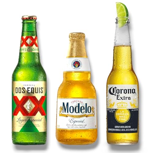 Mexiko Bier Mixpaket- Die beliebtesten Biere Mexikos- XX Dos Equis Lager Especial 0,33l,Cerveza Modelo Especial 0,35l & Corona Extra 0,33l- Inkl. Haus der Biere Berlin Bierdeckel (12 Flaschen) von Bier