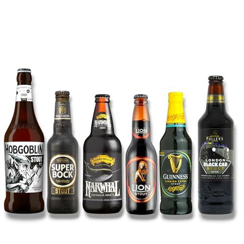 Teste die Welt der Stout Biere. Unser Abenteuerpaket beinhaltet je eine Flasche Fullers London Black CAB Stout,Hobgoblin Stout,Guinness Stout,Super Bock Stout, LION Stout,Narwhal Imperial Stout von Bier