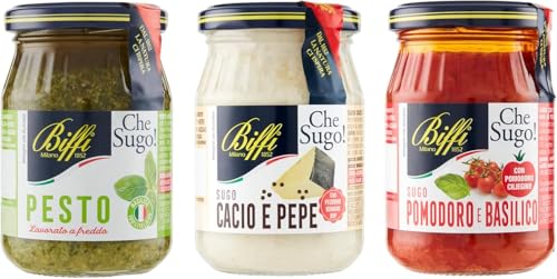 Biffi – Klassische italienische Soßenmischung – Pesto Classico 190 g - Sugo Cacio e Pepe 190 g - Tomaten-Basilikum-Soße – 3 Gläser 190 g von Biffi Milano 1852