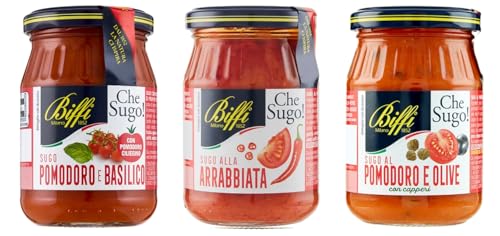 Biffi – Mix Rote Pastasoßen – Tomate-Basilikum 190 g – Arrabbiata (Pomodoro e Peperoncino) 190 g – Tomaten-Oliven-Soße mit Kapern 190 g – Multipack – 3 Gläser 190 g von Biffi Milano 1852