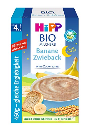 HiPP Bio-Milchbrei, Gute-Nacht-Brei Banane Zwieback, nach dem 4.Monat, DE-ÖKO-037 VE 450g von Bio-Milchbrei
