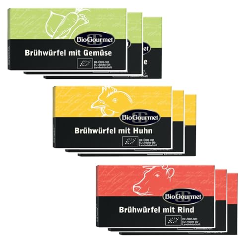 BioGourmet Set Trio-Brühwürfel mit Gemüse, Huhn und Rind Bio, je 3 Packungen von BioGourmet