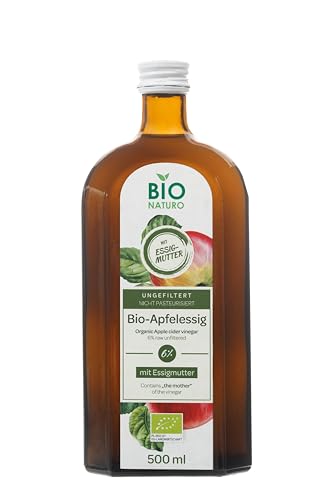 BIONATURO |Bio Apfelessig 6% 500ml - hochwertiger Essig aus ökologischen Äpfeln - naturtrüb, ungefiltert, reich an Nährstoffen - ideal für Küche, Diät&Gesundheit - Bio Apfelessig naturtrüb Essig vegan von BioNaturo