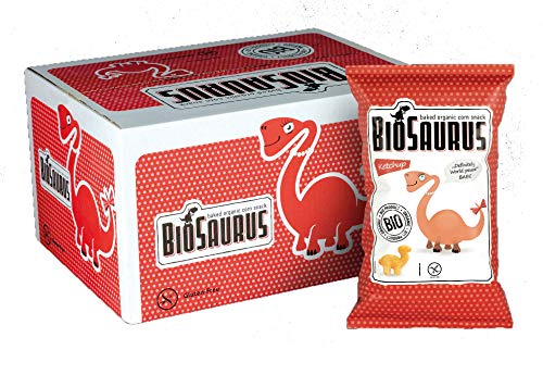 Biosaurus Baked Organic Corn Snack für Kinder - 12x50g (Ketchup) - Gebackener knusprige Bio-Snack aus Mais, Nicht Frittiert | Low Fat, Glutenfrei, BIO, keine Chemie, VEGAN | - 12x50g (Ketchup) von BioSaurus