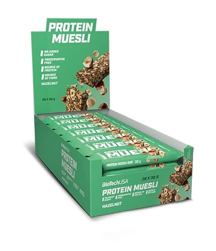 BioTechUSA Protein Muesli Bar, Müsliriegel mit Haselnuss und Erdnuss Stücke, Vitaminen, Eisen und Süßungsmittel, 28 * 30 g, Haselnuss von BioTechUSA