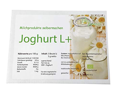 Joghurt L+ Bioferment® zur selber Herstellung von gesundem milden Joghurt - 3 Beutel Starterkulturen - reichen zur Herstellung von bis zu 90 Liter frischem Joghurt von Bioferment