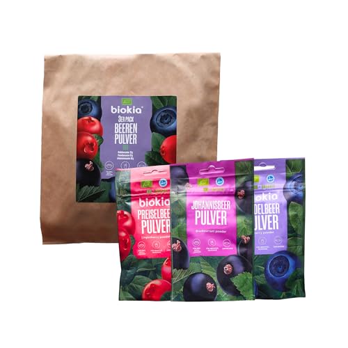 Biokia Berry Bundle - 3er-Set, je 30 g Fruchtpulver Bio - Heidelbeer-, Preiselbeer-, Schwarzes Johannisbeerpulver - vielseitige Superfood Fruchtessenz für Smoothies, Tee, Joghurt, Porridge, Backen von Biokia