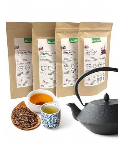 Biomatea 400g Japaniche Tee Set | Sencha, Bancha, Hojicha, Genmaicha | je 100g | Geschenkidee für Teeliebhaber | 100% pure Green Tea Grüntee aus Japan von Biomatea