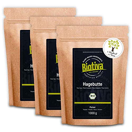 Bio Hagebuttenpulver Bio 3 kg (3x1kg) - Hagebutten aus Europa - Rosa Canina - in Deutschland frisch gemahlen abgefüllt und kontrolliert - Biotiva von Biotiva