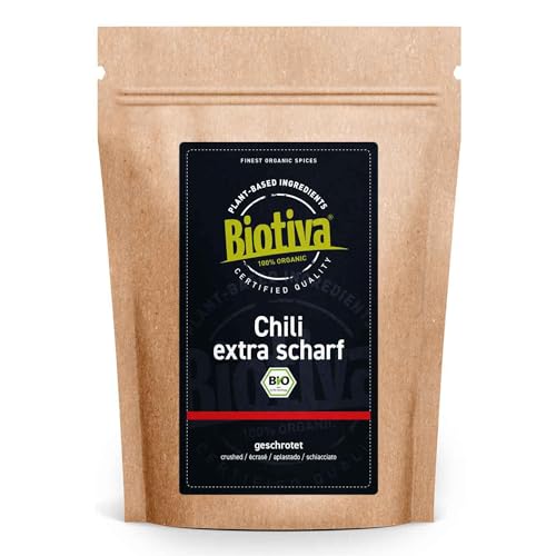 Biotiva Chili Bio geschrotet 250g - Extra scharf (ca. 120.000 SHU) - zum Würzen und Schärfen von Speisen - Abgefüllt und kontrolliert in Deutschland von Biotiva