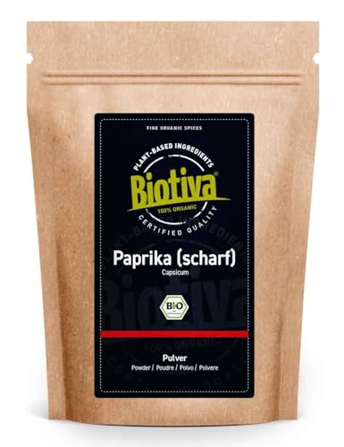Paprika scharf Bio gemahlen 250g - Paprikapulver - intensiv hocharomatisch - Feinschmecker und Kenner - Abgefüllt und kontrolliert in Deutschland - Biotiva von Biotiva