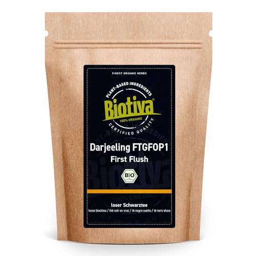 Darjeeling First Flush FTGFOP1 100g Bio - Spitzen Schwarztee aus den ersten Tagen der Frühlingsernte - Indien - Abgefüllt und kontrolliert in Deutschland - aromatisch - loser Blatt-Tee - Biotiva von Biotiva