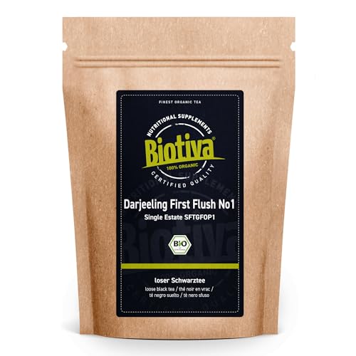 Darjeeling First Flush No.1 SFTGFOP1 Bio 100g - Rarität mit heller goldener Tasse - loser Schwarztee aus ersten Tagen der Frühlingsernte - zart, duftendes Aroma - kontrolliert in Deutschland - Biotiva von Biotiva