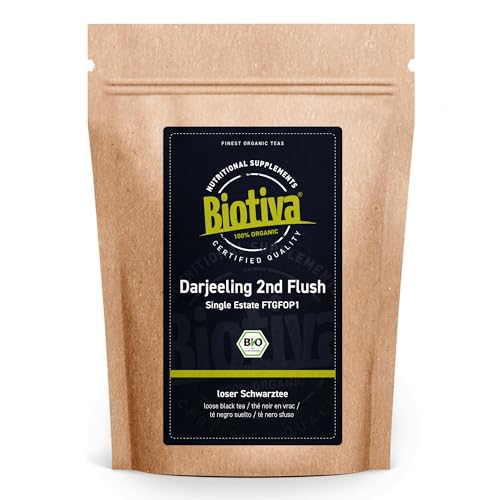 Darjeeling Second Flush FTGFOP1 Schwarztee 100g Bio - intensive Pfirsich Note - kräftig vollmundig im Geschmack - Abgefüllt und kontrolliert in Deutschland - Biotiva von Biotiva