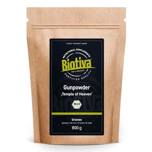 Grüntee Gunpowder Temple of Heaven Bio 250g - gerollte kugelförmige Teeblätter - hellgrüne Tasse - angenehm mild frisch feinherb süßlich - Fairbiotea-Teegarten Qingshan - Biotiva von Biotiva