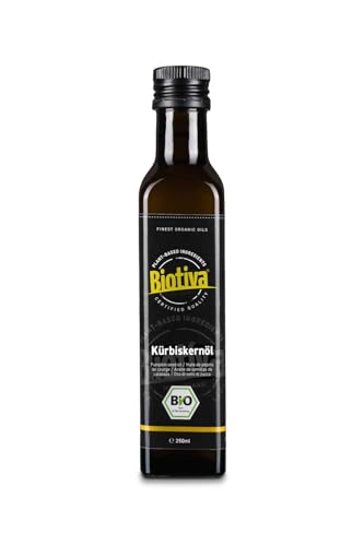 Kürbiskernöl kaltgepresst Bio 250ml - bot. Cucurbita - 100% naturrein - mild nussig - goldgelbe Farbe - ideal zu Saucen, Salaten, Suppen, Süßspeisen - kaltgepresst in Deutschland - Biotiva von Biotiva