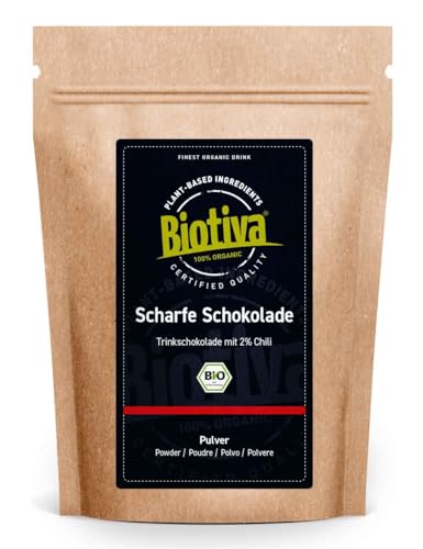 Scharfe Schokolade Trinkschokolade 250g - ohne Zuckerzusatz - mit Xylit gesüßt - 2% Chili - Hergestellt und kontrolliert in Deutschland - Biotiva von Biotiva