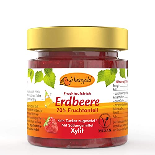 Birkengold Erdbeer Marmelade 200 g | ohne Zuckerzusatz | mit europäischem Xylit gesüßt | 70 % Fruchtanteil | mit Bio Früchten | vegan von Birkengold