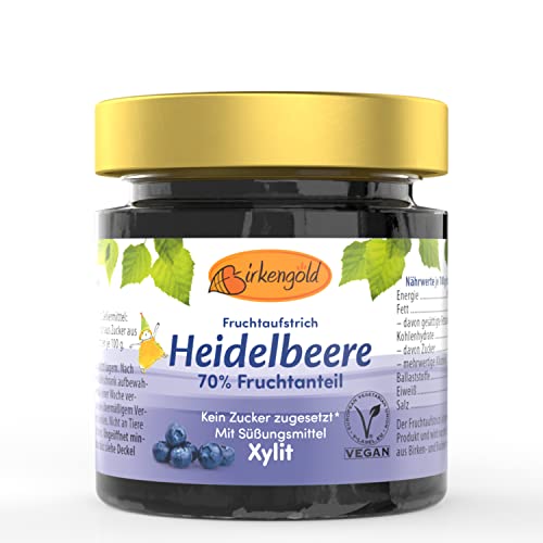 Birkengold Heidelbeere Marmelade | ohne Zuckerzusatz | mit europäischem Xylit gesüßt | 70 % Fruchtanteil | mit Bio Früchten | vegan, 200 g von Birkengold