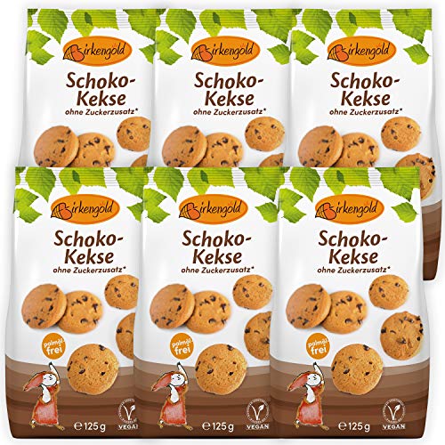 Birkengold Schoko-Kekse, 6x125 g | ohne Zuckerzusatz | 100% mit europäischem Xylit gesüßt | vegan | gesundes Naschen | mit Schokostückchen von Birkengold