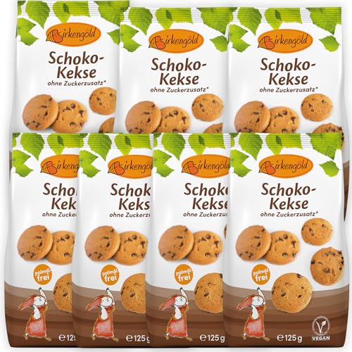 Birkengold Schoko-Kekse, 7x125 g | ohne Zuckerzusatz | 100% mit europäischem Xylit gesüßt | vegan | gesundes Naschen | mit Schokostückchen von Birkengold