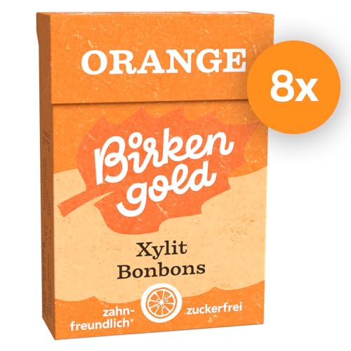 Birkengold Xylit Bonbons Orange zuckerfrei | 8x30 g | zahnpflegend | zuckerfrei | vegan | mit 100% europäischem Xylit | natürliche Zutaten von Birkengold