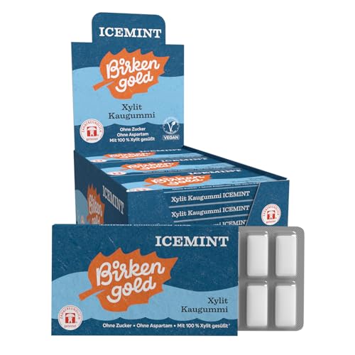 Birkengold Xylit Kaugummi Icemint | 24 Stk. Blister | Zahnpflege-Kaugummi | zuckerfrei | hoher Xylit-Anteil 70% | vegan | ohne Titandioxid | ohne Aspartam | ohne Zucker von Birkengold