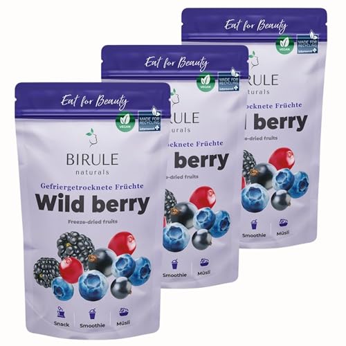 Birule naturals Gefriergetrocknete Beeren Mix Heidelbeere, Brombeere, Johannisbeere, Cranberry 100% Naturprodukt (3x120g) 360g von Birule naturals