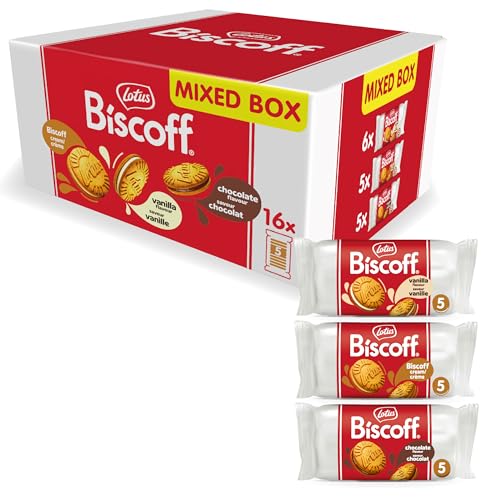 Lotus Biscoff | Doppelkeks Variety Pack | 3 Sorten: Biscoff-Creme, Vanille- und Schokoladengeschmack | 5 Doppelkekse pro Packung | Zutaten natürlichen Ursprungs | Ohne Farbstoffe | 16 x 50g | 800g von Biscoff