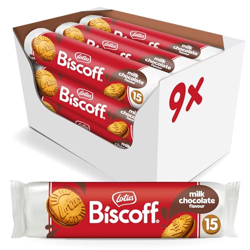 Lotus Biscoff | Sandwich-Doppelkekse mit Milchschokoladen-Cremefüllung | 15 Sandwich-Kekse pro Packung | Nur Natürliche Inhaltsstoffe | Ohne Farbstoffe oder Zugesetzte Aromen | 9x150g | 1,35kg von Biscoff