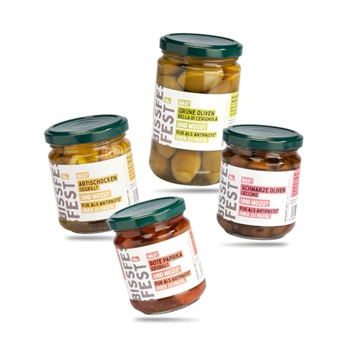 bissfest BIO Antipasti Probier Set - 4 (3 x 190 g, 1 x 280 g) verschiedene Antipasti direkt aus Italien - Oliven, Paprika und Artischocken von Bissfest