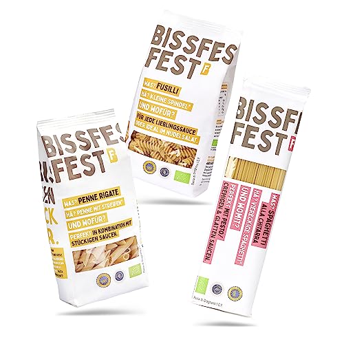 bissfest BIO Pasta Probier Set 3x500g - Spaghetti, Fusilli, Penne - Nudeln aus 100% Italienischem Weizen aus Gragnano - Vegan - MHD: 17.02.2025 von Bissfest