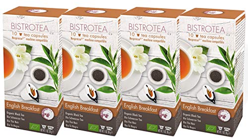 BISTROTEA Teekapseln 6 Sorten 4er Pack, 4 x 10 Kapseln, NespressoMaschinen kompatibel, Kapseln biologisch abbaubar (Schwarztee BIO English Breakfast) von Bistrotea