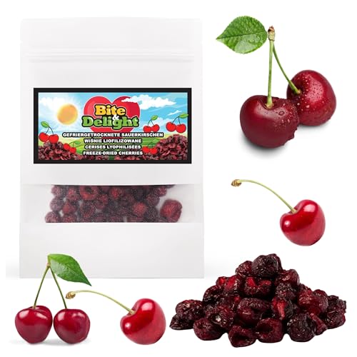 Bite & Delight 100g Gefriergetrocknete Kirschen Süß Knusprig Perfekte Diät-Snack Gesund Ohne Zuckerzusatz Doypack von Bite & Delight