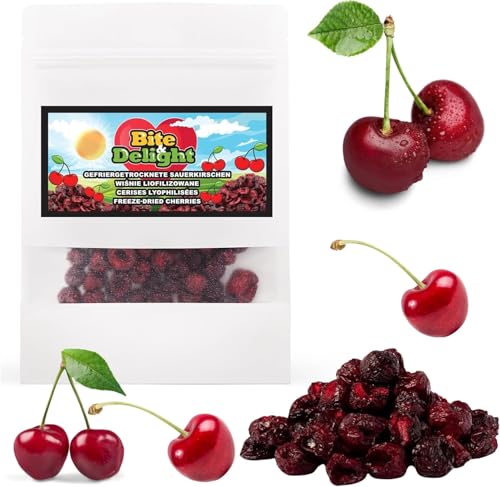 Bite & Delight 200g Gefriergetrocknete Kirschen Süß Knusprig Perfekte Diät-Snack Gesund Ohne Zuckerzusatz Doypack von Bite & Delight