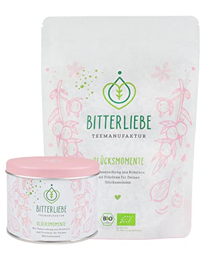 BitterLiebe® Teemanufaktur Glücksmomente Set mit Vorratsdose (65g) und Nachfüllbeutel (130g) I Bio Kräutertee lose mit der Kraft der Bitterstoffe von Bitterliebe