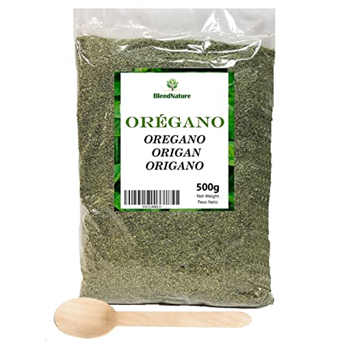 Oreganoblätter in Großpackung 500 g – 100 % natürlich und vegan – Ideal für Pasta, Pizza und zum Würzen von Fleisch – Messlöffel als Geschenk von BlendNature