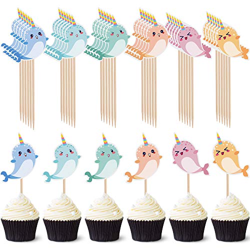 Narwal-Kuchenaufsätze, Narwal-Cupcake-Topper, Ozean, Geburtstagsparty-Dekorationen, Zubehör unter dem Meer, blauer Ozean, Motto-Party, Babyparty, Geburtstagszubehör, 48 Stück von Boao