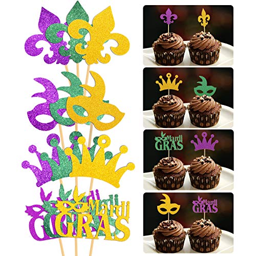 48 Stück glitzernde Cupcake-Topper mit Mardi Gras Maskerade Gesicht bedeckt Cupcake Topper für Maskerade Mardi Gras Party Geburtstag Party Dekorationen von Boao