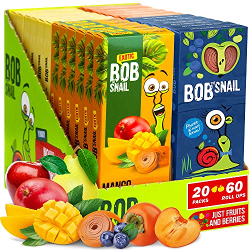 Bob Snail Gesunde Zuckerfreie Frucht-Riegel Snacks - 60 Fruit Roll Ups Einzeln Verpackt Für Kinder und Erwachsene mit Mango Blaubeere Apfel Kaki - Zuckerfreie Low Carb Kalorienarme Süßigkeiten von Bob Snail