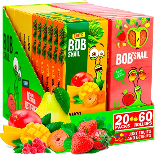 Bob Snail Gesunde Zuckerfreie Frucht-Riegel Snacks - 60 Fruit Roll Ups Einzeln Verpackt Für Kinder und Erwachsene mit Erdbeeren Mango Himbeeren Birne - Zuckerfreie Low Carb Kalorienarme Süßigkeiten von Bob Snail