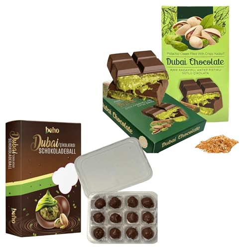 Dubai Schokolade Set | Pistaziencreme Dubai Schokolade | Handmade Dubai Schokolade kaufen | Die dubai Schokolade (Dubai Schokoladen-Set: 190 g Bällchen & 60 g Tafel) von Bodesa Valore