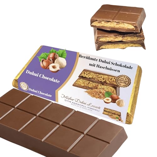 Dubai Schokolade im Premium-Paket | Haselnusscreme Dubai Schokolade ohne Pistazien mit Haselnüssen | Handmade Dubai Schokolade kaufen | Die Dubai Schokolade 185g (Haselnuss-Dubai-Schokolade) von Bodesa Valore