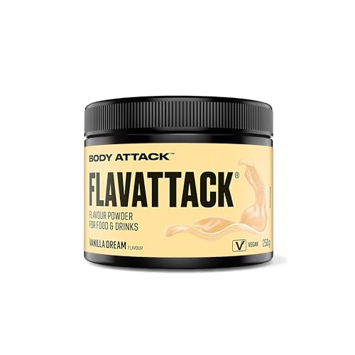 Body Attack Flavattack - Vanilla Dream - 250 g, nur 7 kcal/Portion - Intensives Flavour Pulver für Müsli, Rice Pudding, Haferflocken, Drinks etc. - Geschmackspulver ohne Palmöl, Aspartam, Gluten von Body Attack Sports Nutrition