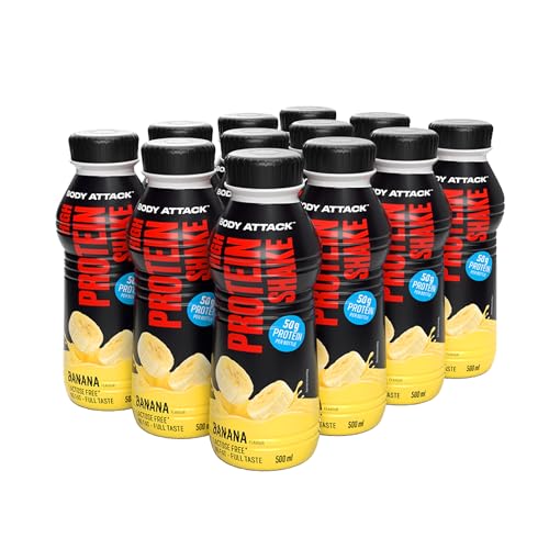 Body Attack High Protein Shake - Banane, 12 x 500 ml (inkl. Pfand) – Made in Germany - je 50 g Protein - kalorienarmer Protein Shake für Muskelaufbau - Fertigdrink mit Milcheiweiß von Body Attack Sports Nutrition