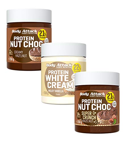 Body Attack Protein Nut Choc, Nuss-Nougat-Creme mit 21% Protein, Schokocreme ohne Zuckerzusatz, Palmölfrei und mit echten Haselnüssen (Creamy Hazelnut, Super Crunch & Milky Vanilla, 3 x 250g) von Body Attack Sports Nutrition