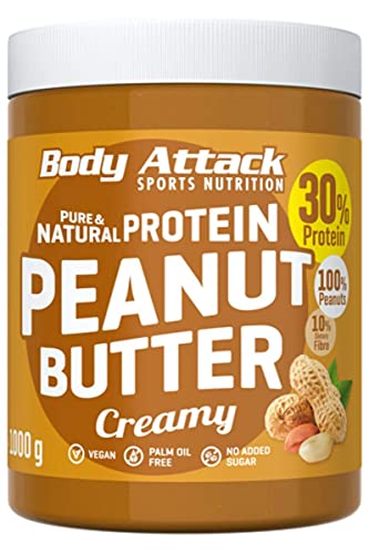 Body Attack Protein Peanut Butter, 1kg, Creamy, Vegan, Natürliche Erdnussbutter ohne Salz & Palmfett - Low Sugar Erdnussmus mit 30% Protein von Body Attack