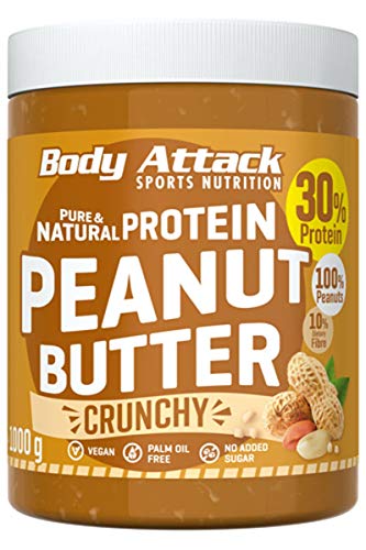 Body Attack Protein Peanut Butter, 1kg, Crunchy, Vegan, Natürliche Erdnussbutter ohne Salz & Palmfett - Low Sugar Erdnussmus mit 30% Protein von Body Attack