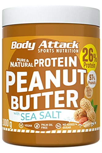 Body Attack Protein Peanut Butter, 1kg, Sea Salt, Vegan, Natürliche Erdnussbutter ohne Salz & Palmfett - Low Sugar Erdnussmus mit 30% Protein von Body Attack