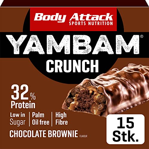 Body Attack YAMBAM Crunch, Chocolate Brownie, 15 x 55g, Proteinriegel Mix mit 33% Eiweiß,Low Sugar Fitnessriegel ohne Aspartam,Palm Oil frei + Ballaststoffe,Crunch Effekt,Made in Germany von Body Attack Sports Nutrition